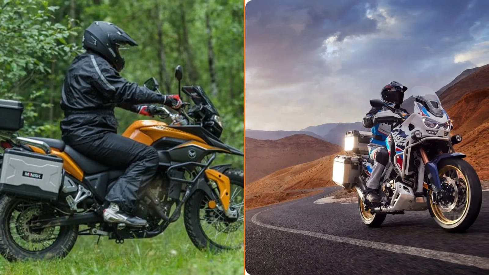 Bölünmüş ekran — solda ormanda yan çantalı bir arazi/enduro motosikleti, sağda dağ yolunda sis farlı ve yan çantalı bir Honda Africa Twin adventure motosikleti